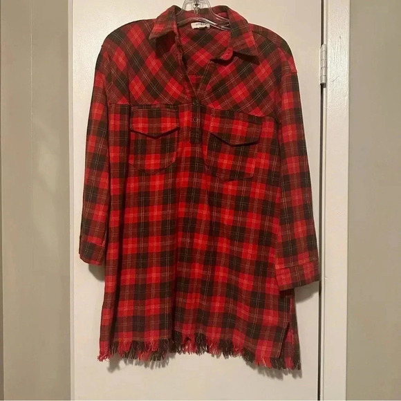 Umgee Women's Flannel Plaid Print Long Sleeve Dress Tunic red black size S - Picture 4 of 9